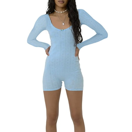 

Women Yoga Short Jumpsuits Knitted Ribbed Long Sleeve Square Neck One Piece Bodycon Playsuit Backless Skinny Romper