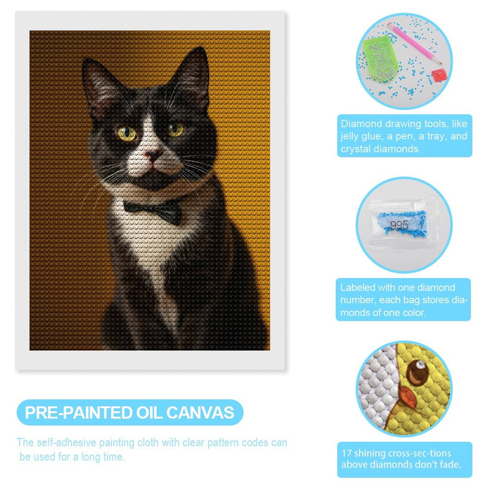 Diamond Art Kits for Adults - Black And White Tuxedo Cat Bowtie 5d Diamond Painting for Adults, Diamond Art for Adults Beginners, Frameless Diamond Painting Kits for Adults for Home Wall Decor