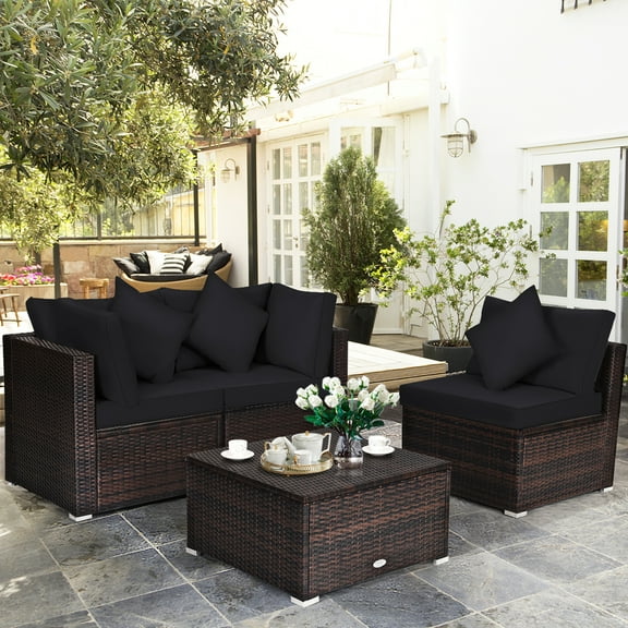 Gymax 4PCS Rattan Patio Conversation Furniture Set Yard Outdoor w/ Black Cushion