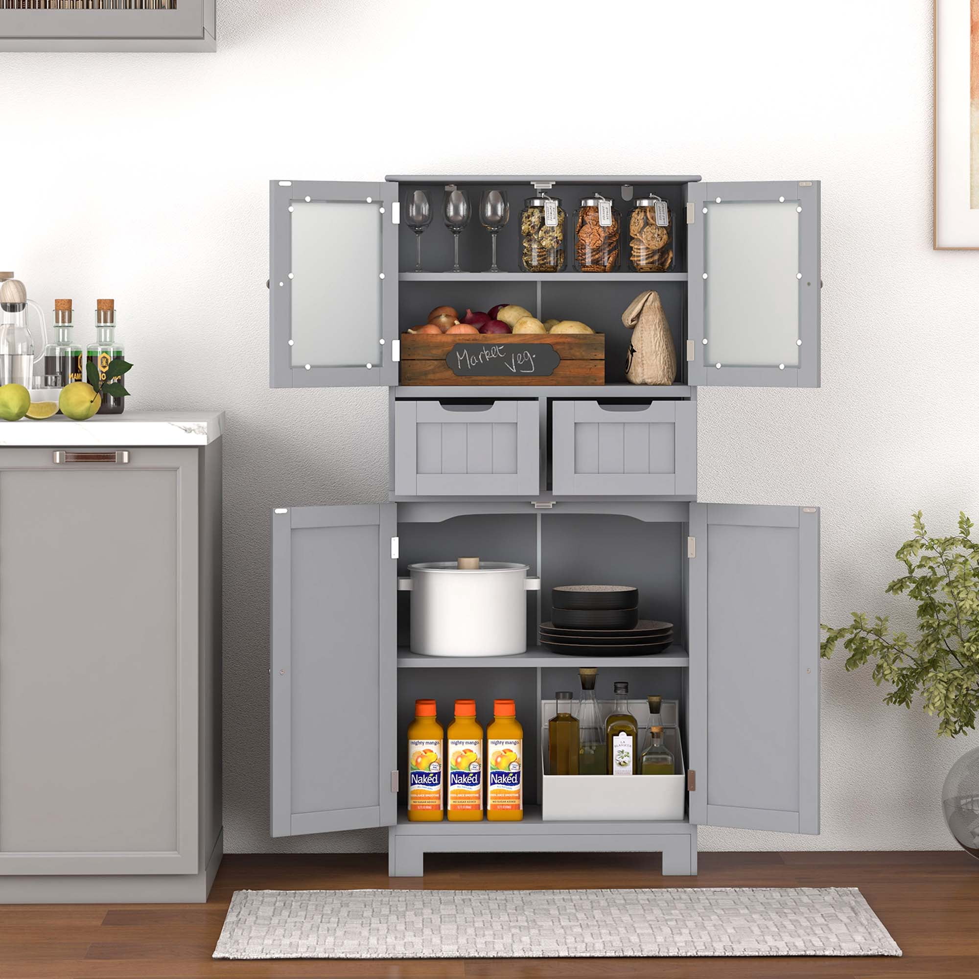 Costway Bathroom Floor Storage Cabinet Kitchen Cupboard with 2 Drawers & Glass Doors Gray