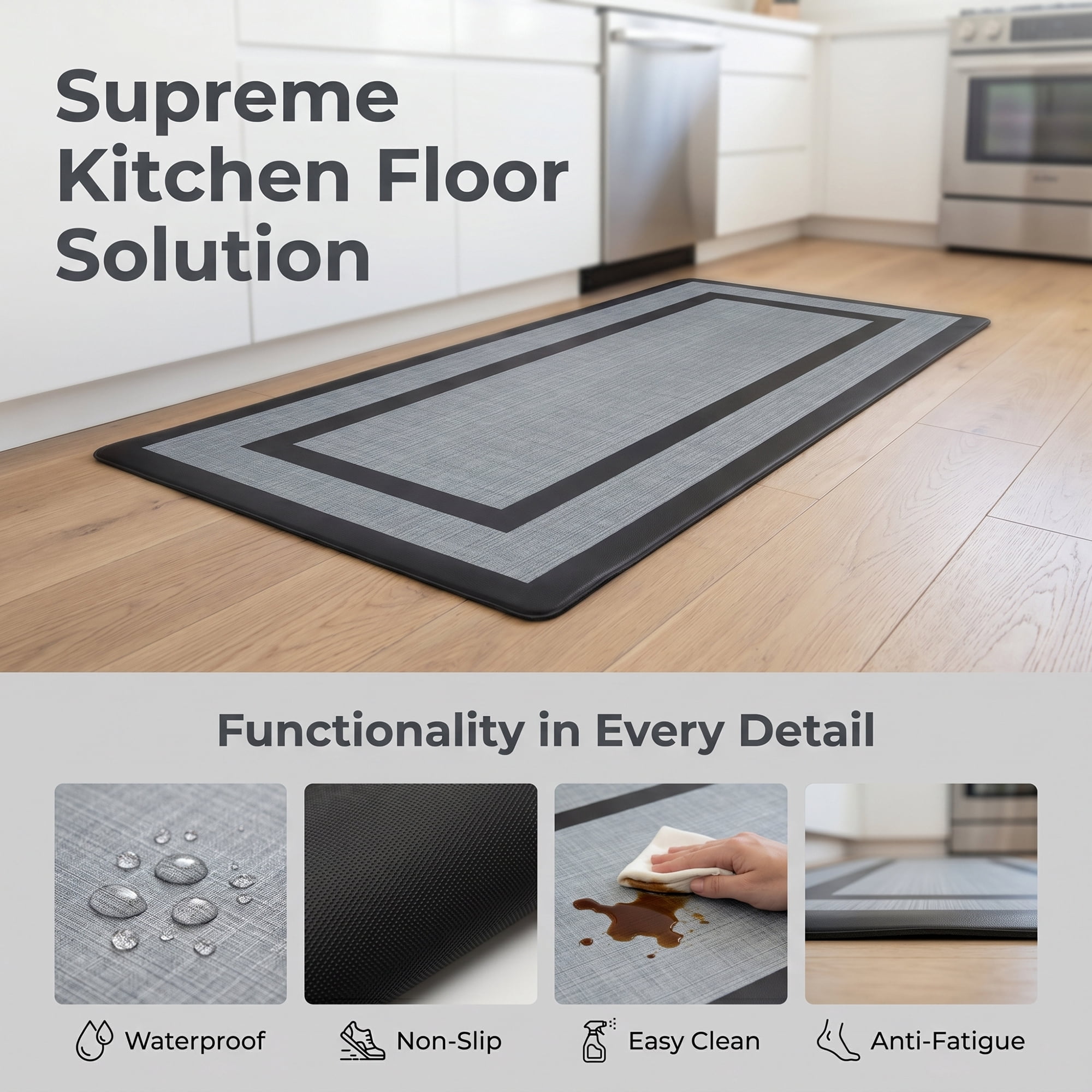 Unique Bargains Geometric Anti Waterproof Oil Resistant Non Slip Floor Rug Black 30" x 18"