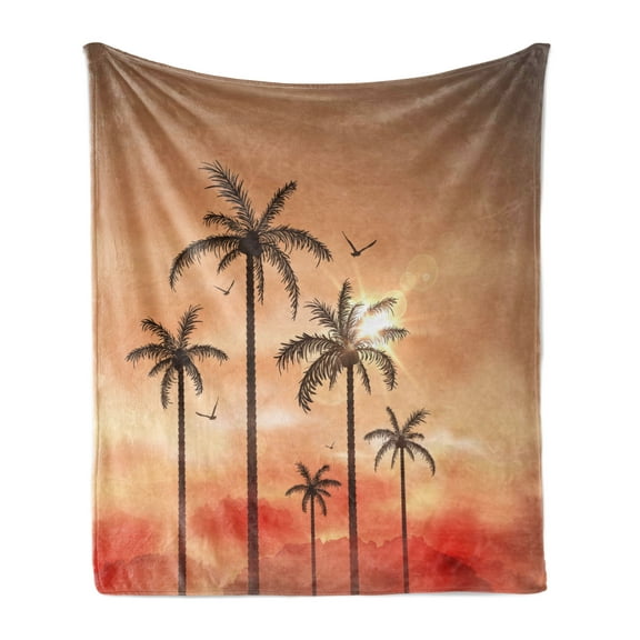 Tropical Soft Flannel Fleece Throw Blanket, Palm Trees with Dramatic Hazy Sky Clouds and Gulls Exotic Display Art, Cozy Plush for Indoor and Outdoor Use, 60" x 80", Coral Salmon Brown, by Ambesonne