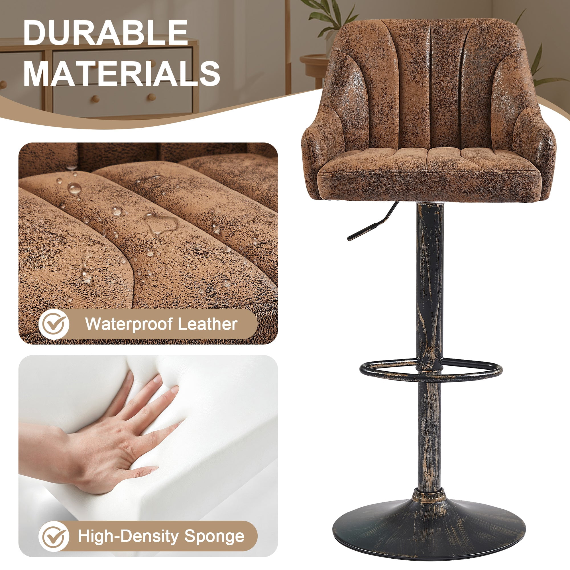 VECELO Set of 2 Swivel Bar Stools, Adjustable Counter Height Barstools Faux Leather Chair with Backrest and Armrest, Dark Brown