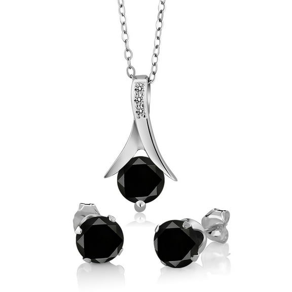 Gem Stone King 3.20 Ct Round Black Diamond White Diamond 925 Silver Pendant and Earrings Jewelry Set