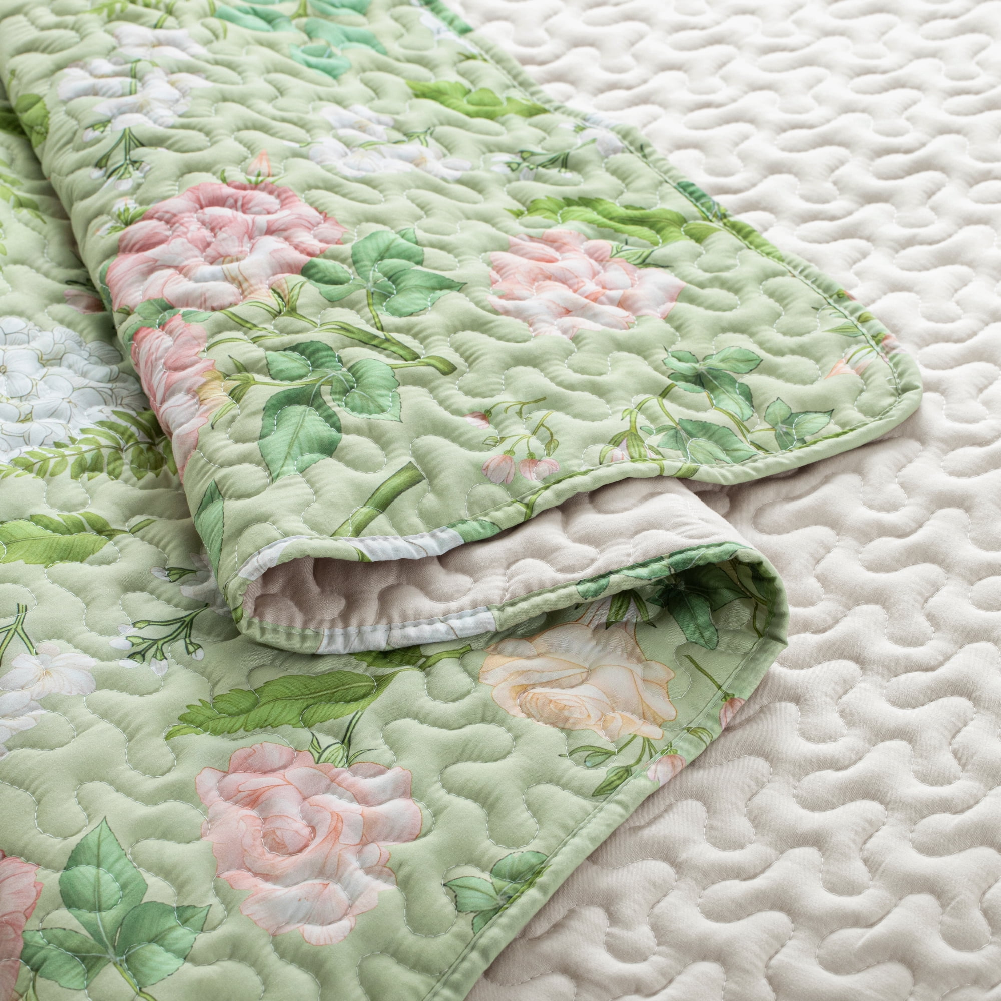Exclusivo Mezcla Floral Quilts Queen Size, Green Queen Quilt Bedding Set with Blooming Cottagecore Garden Pattern, Reversible Lightweight Bedspreads Coverlets (92"x96")
