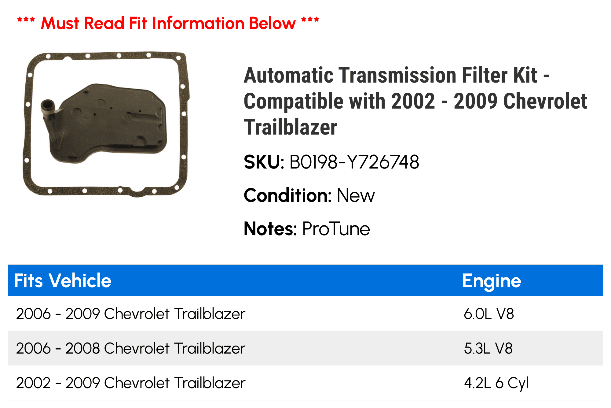 Automatic Transmission Filter Kit - Compatible with 2002 - 2009 Chevy Trailblazer 2003 2004 2005 2006 2007 2008