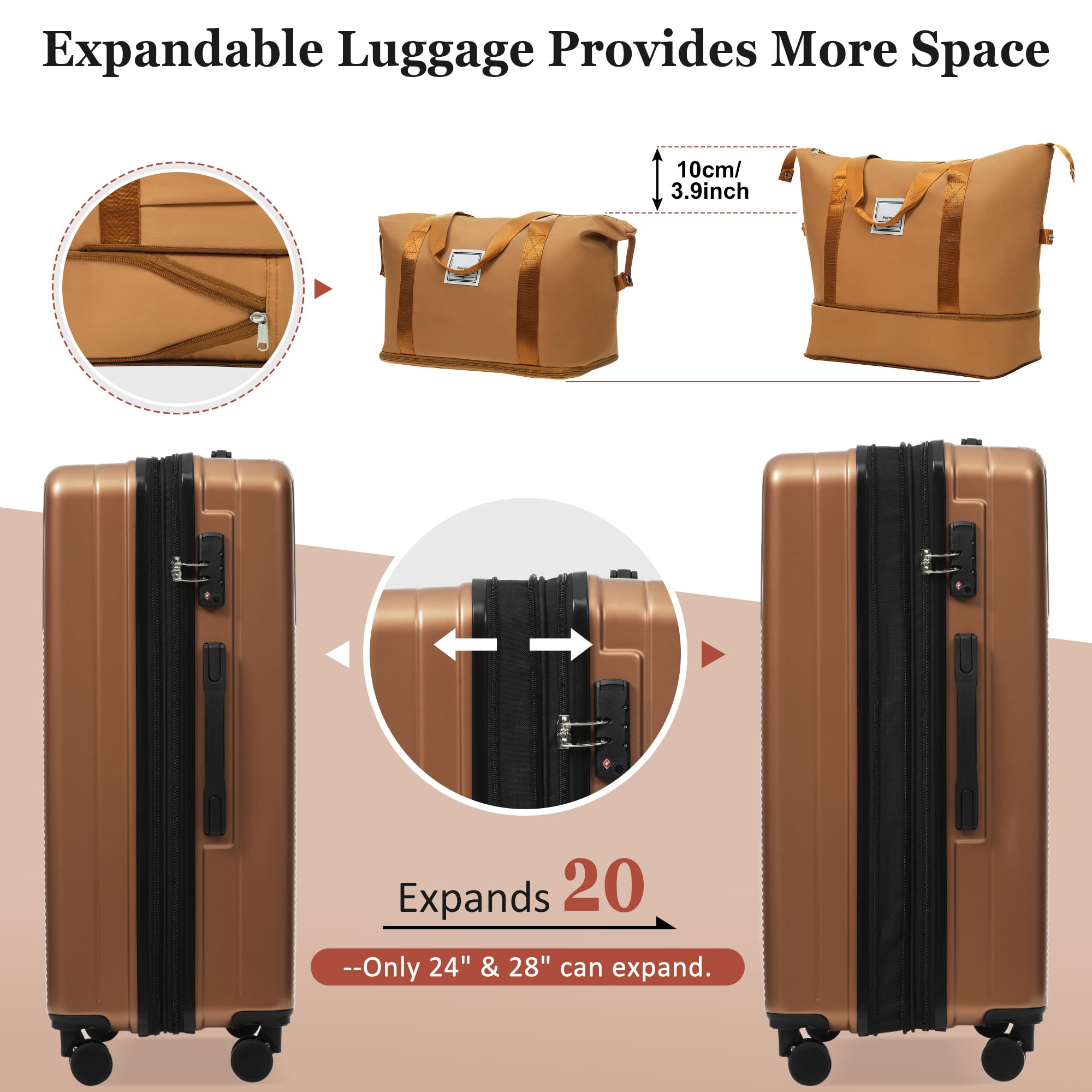 Luggage Sets 5 Piece with Half-opening, Hardside Carry On Suitcase Set with Double Spinner Wheel, Lightweight Travel Luggage with USB Port, TSA Locks