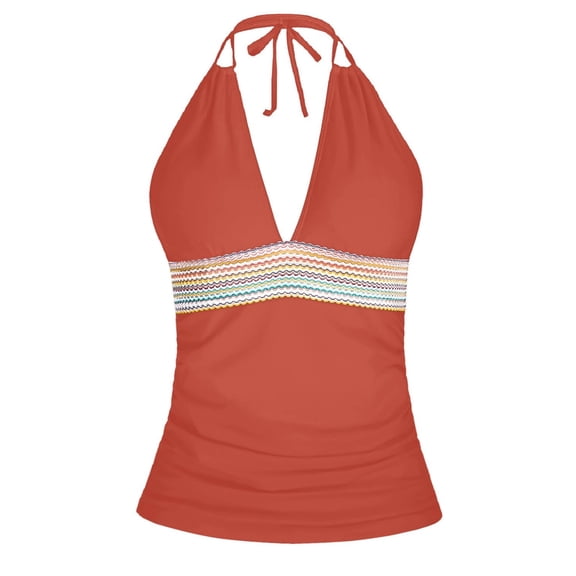 Tankini Tops for Women Swim Top V Neck Halter Twist Front Bathing Suit Top Only Ruched Tummy Control Swimwear No Bottom Brick Red L