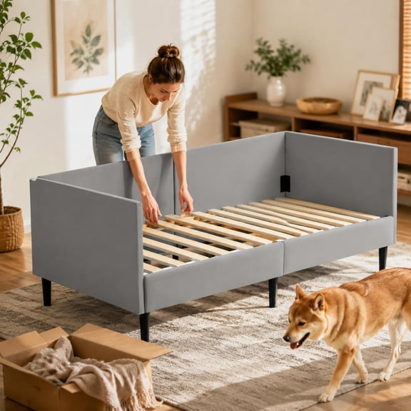 Twin Size Daybed Frame, Gray Velvet, Wood Slat Support, Metal Reinforcement for Bedroom or Guest Room