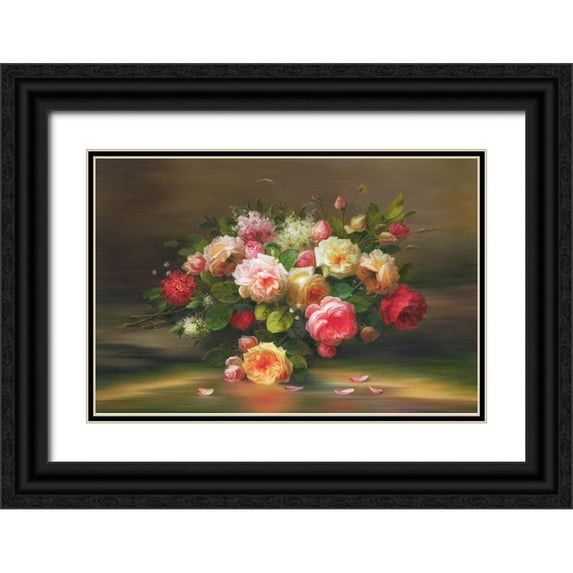 Viktoria 32x23 Black Ornate Wood Framed with Double Matting Museum Art Print Titled - A Basket with Flowers II