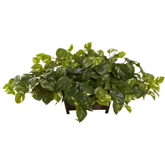 Nearly Natural Plastic 16" Pothos Artificial Plant in Rectangle Decorative Planter, Green