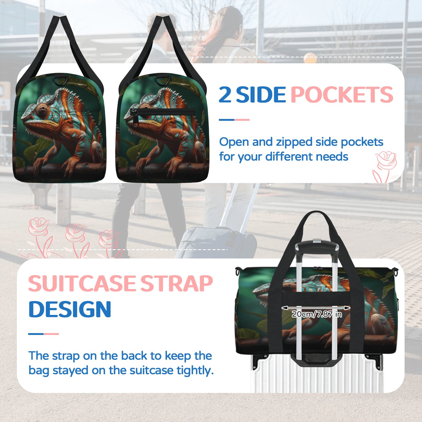 Herdesigns Jungle Lizard Gym Bag for Women, Duffle Bag for Travel Sport, Lightweight Waterproof Carry on Weekender Overnight Dance Yoga Workout Bags