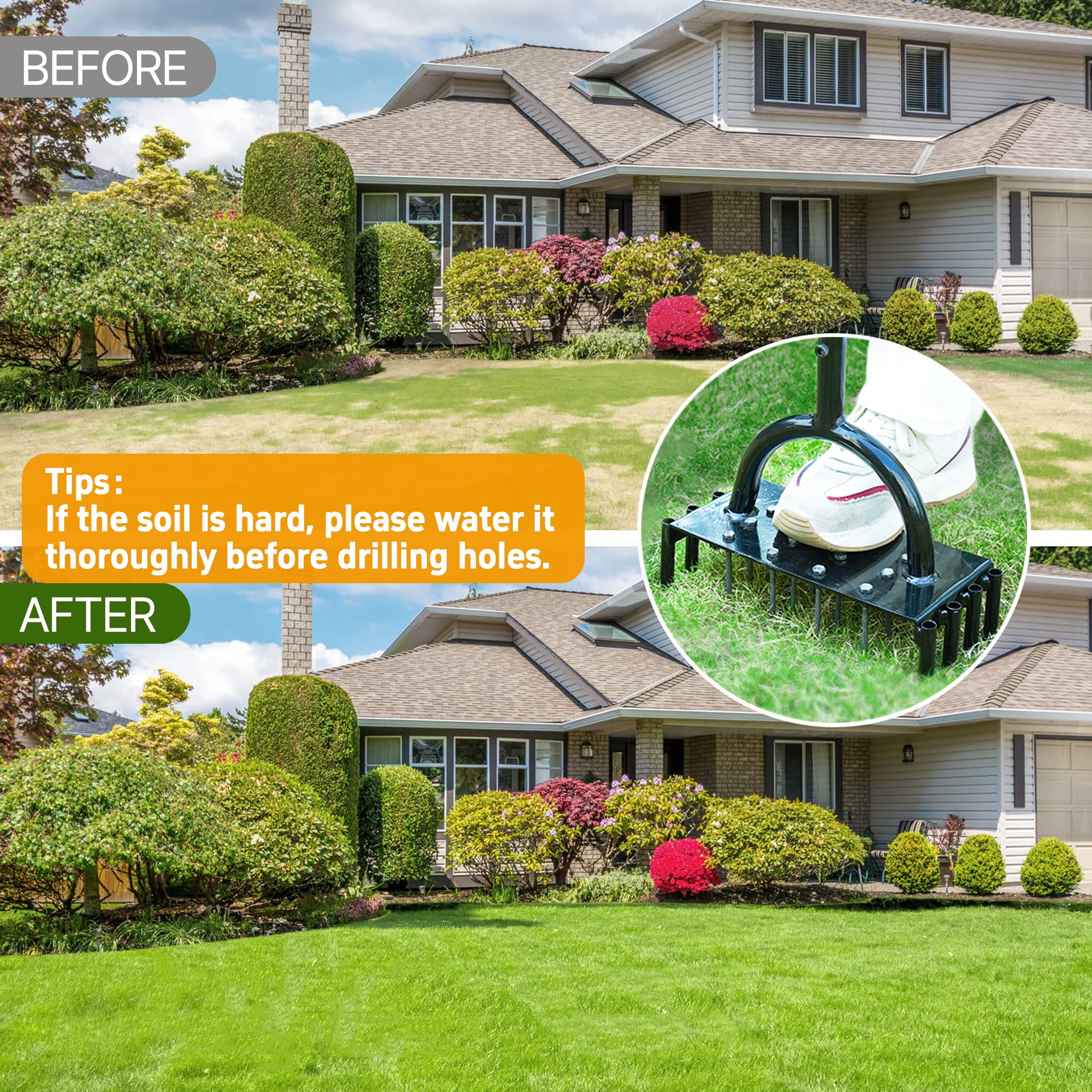 Hyindoor Lawn Aerator Tool, Manual Metal Tool Set with 16 Solid Steel Spikes, Automatic Leaf and Dirt Cleaning with Spring Base Design, Garden Tool for Yard Care（with Gloves）