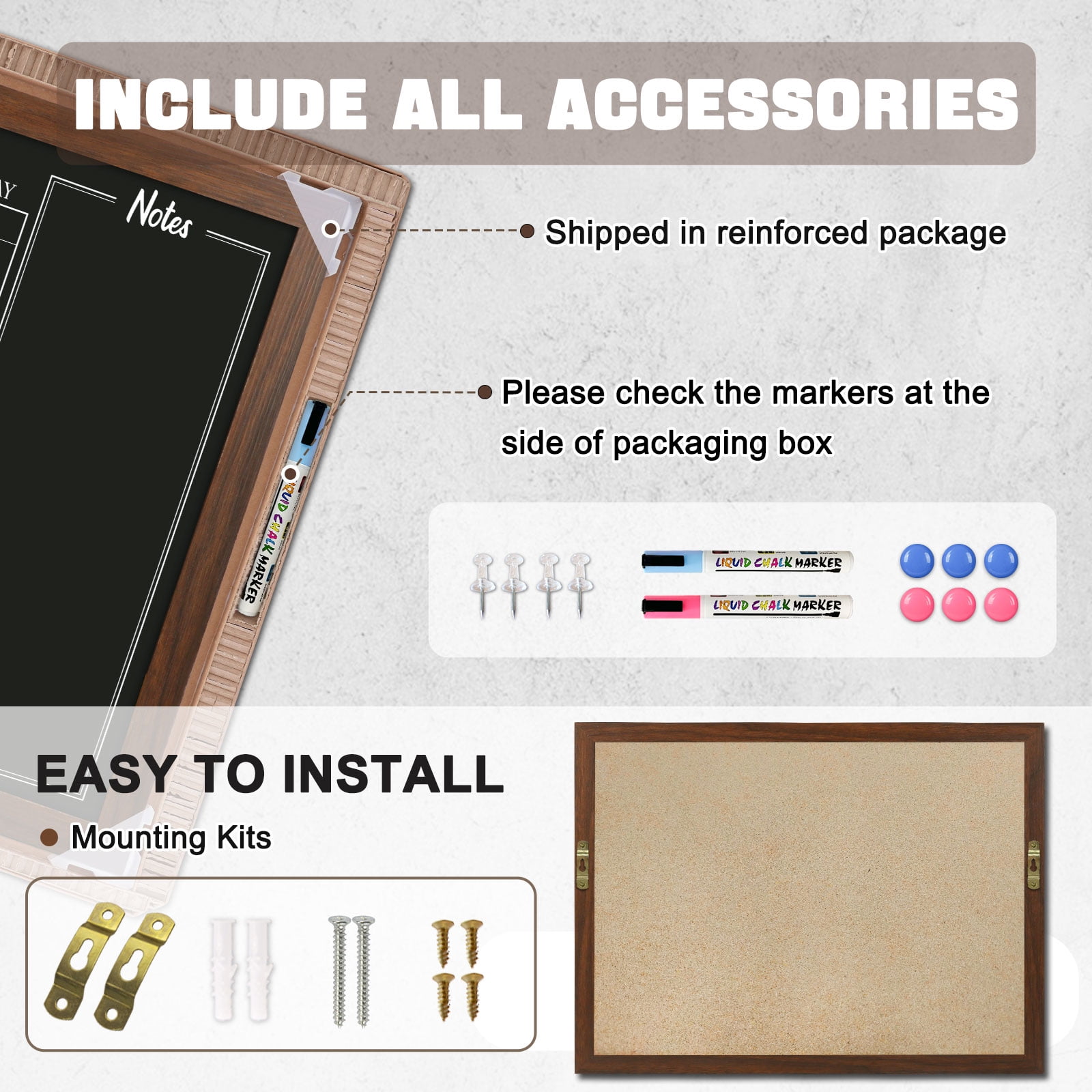18" x 24" Chalkboard Calendar Corkboard Combo Bulletin Board Magnetic Calendar Chalkboard for Wall Combination Board Monthly Planner Blackboard Rustic Brown Frame with 2 Markers 6 Magnets 4 Pushpins