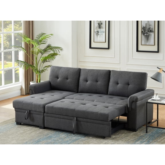 84"W Dark Gray Linen Reversible Sleeper Sectional Sofa with Storage Chaise