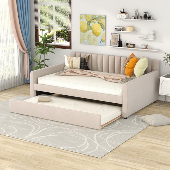 Full Size Daybed with Trundle, Upholstered Velvet Sofa Bed Frame with Wood Slat Support for Living Room, Beige
