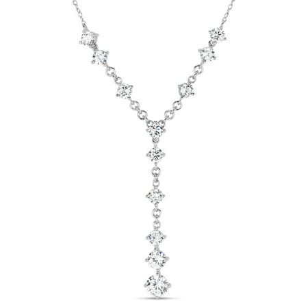 Round White Cubic Zirconia Sterling Silver Rhodium Plated Y Necklace, 20