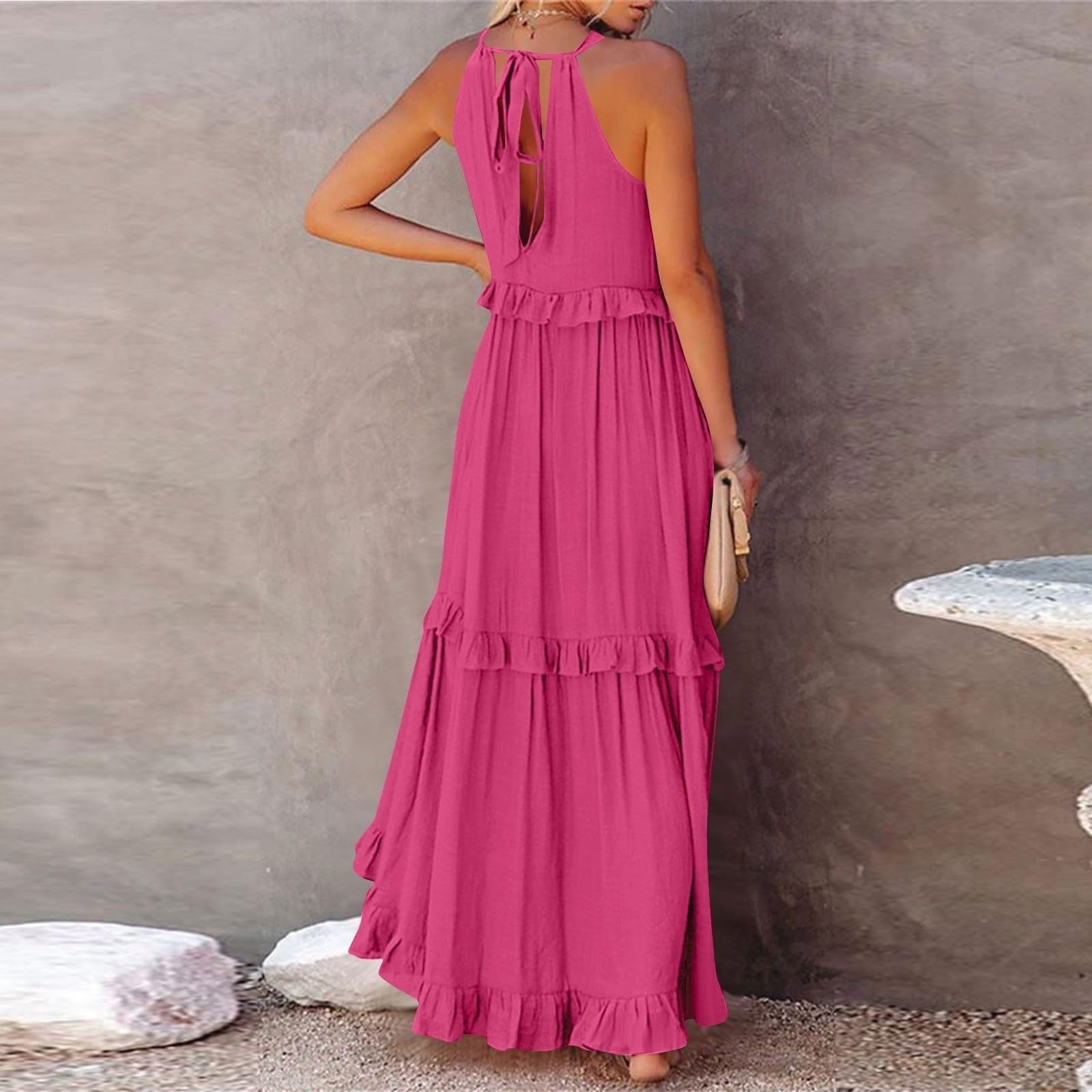 LVHAOGJOB Midi Dress for Women Causal Strap Sleeveless Dress Floral with Pockets Summer Loose Mujers Sundress Elegant