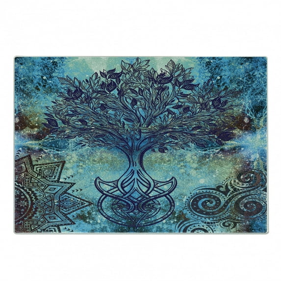 Ethnic Cutting Board, Grunge Style Tree Pattern Mandala and Spiral Shapes Blurry Art, Decorative Tempered Glass Cutting and Serving Board, Small Size, Turquoise Brown, by Ambesonne