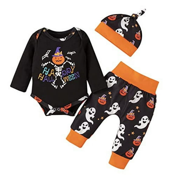 Styles I Love Baby Toddler Boys Witch Pumpkin Skeleton Bodysuit and Bottom with Hat 3pcs Cotton Black Halloween Outfit (24 Months)