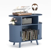 Modern Minimalist Round Wave Record Player Stand, Holds 300 Vinyl Records, with 2 USB Ports + 2 AC Outlets, Open Storage Shelves for Living Room Bedroom Music Room, Walnut/Black/Blue/Oak Available