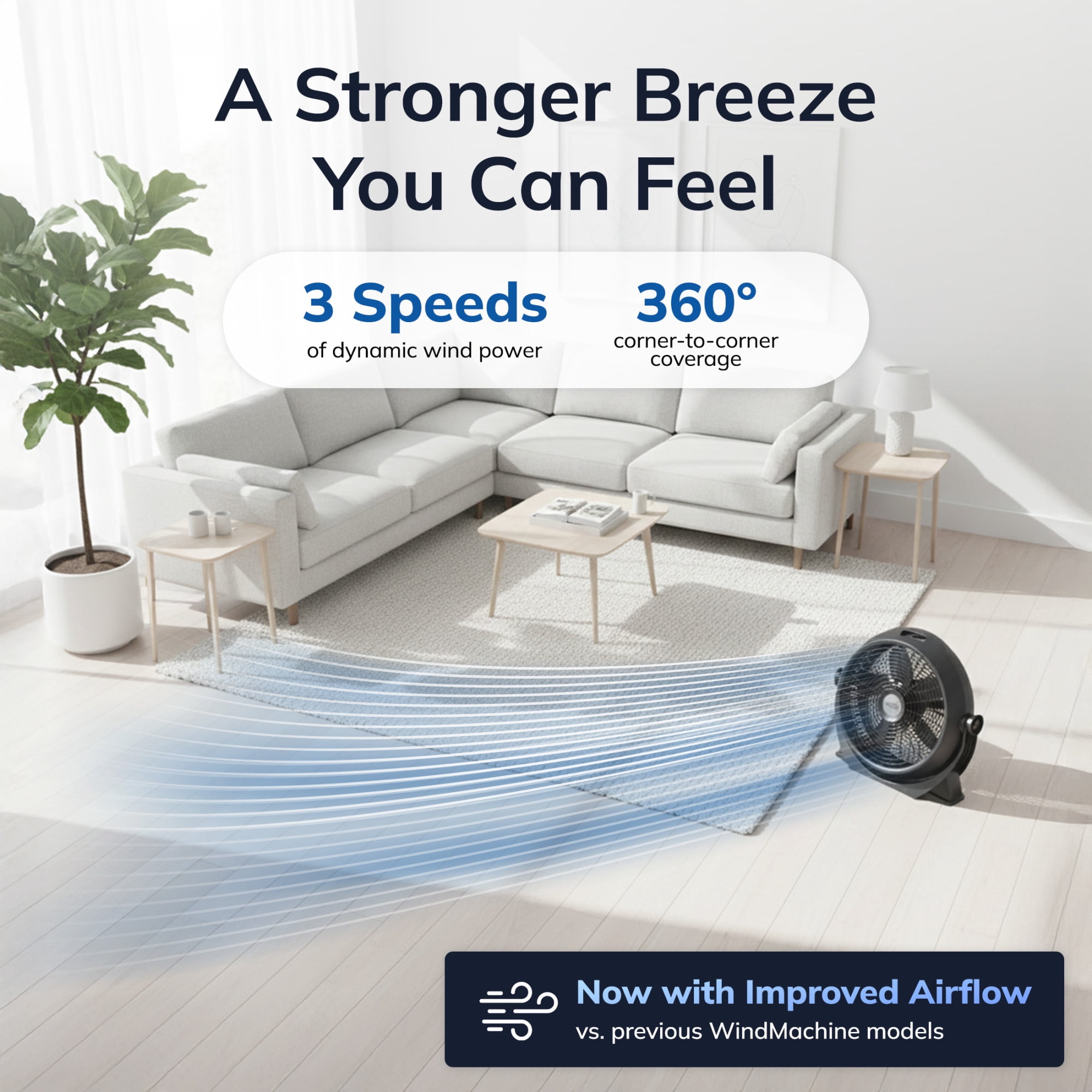 Lasko WindMachine 20" Large Floor Fan with Pivoting Head for Whole Room Cooling, Portable Indoor 3-Speed Air Circulator, Black, A20305