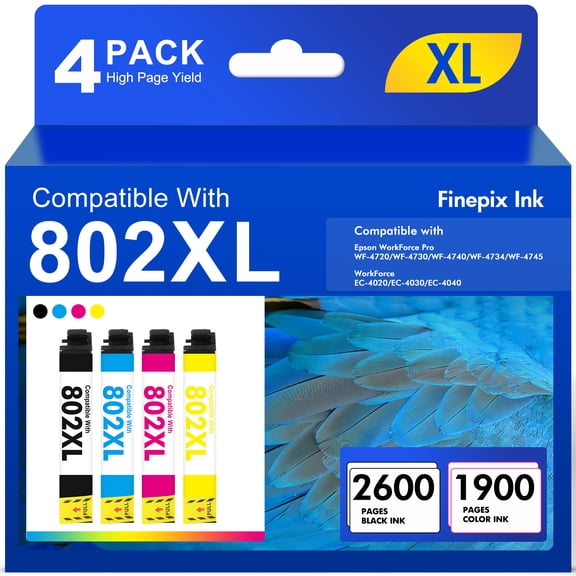 802 802xl Ink Cartridges Compatible for Epson ink 802 XL 802XL Workforce Pro WF-4730 WF-4720 WF-4734 Printer (4-Pack T802XL, Black Cyan Magenta Yellow)