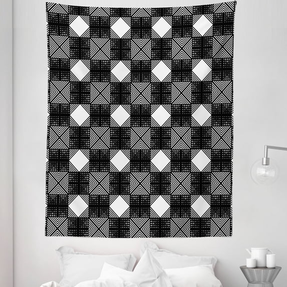 Geometric Tapestry, Lattice Inspired Pattern with Symmetric Squares Modernistic Design, Fabric Wall Hanging Decor for Bedroom Living Room Dorm, 5 Sizes, Charcoal Grey and White, by Ambesonne