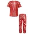 thumbnail image 2 of Yhong Kids 2 Piece Dance Performance Outfit Shorts Sleeve Shiny Metallic T-shirt with Pant Set Jazz Red 170, 2 of 5