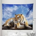 thumbnail image 1 of Safari Tapestry, Tiger Sitting on Wood Clear Blue Sky Wildlife Morning Stripes Predator Print, Fabric Wall Hanging Decor for Bedroom Living Room Dorm, 5 Sizes, Blue Mustard Black, by Ambesonne, 1 of 1