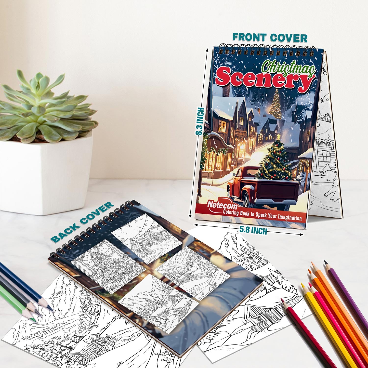 Netecom Christmas Scenery Coloring Book Spiral Bound for Adults, A5 Wooden Cover, 30 Festive Xmas Coloring Pages of Winter Holidays for Stress Relief and Relaxation