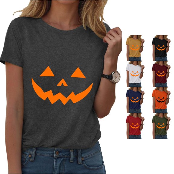 Halloween Shirts for Women Casual Graphic Tee for Summer Party Out with Jeans Round Neck T Shirt for Women’s Wardrobe Gray L