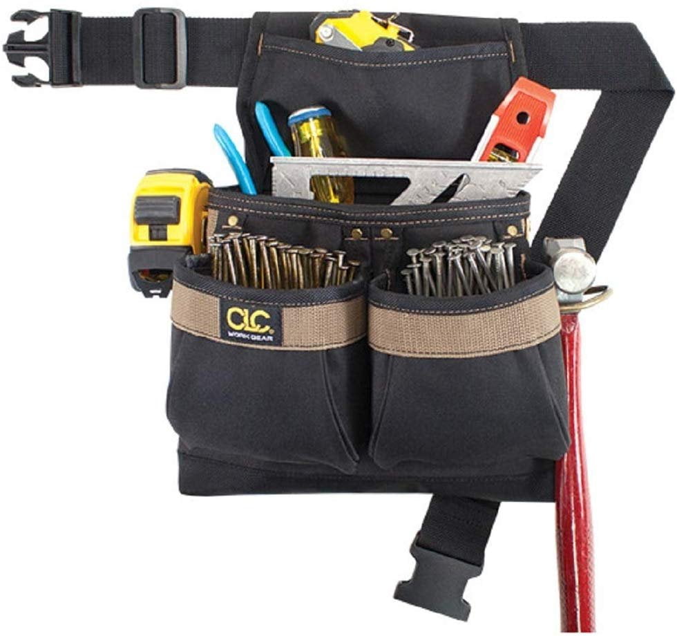 Custom Leather Craft Framer's Nail and Tool Bag with Belt - 5 Pockets - Multicolor, 11" W x 14" H x 7" D