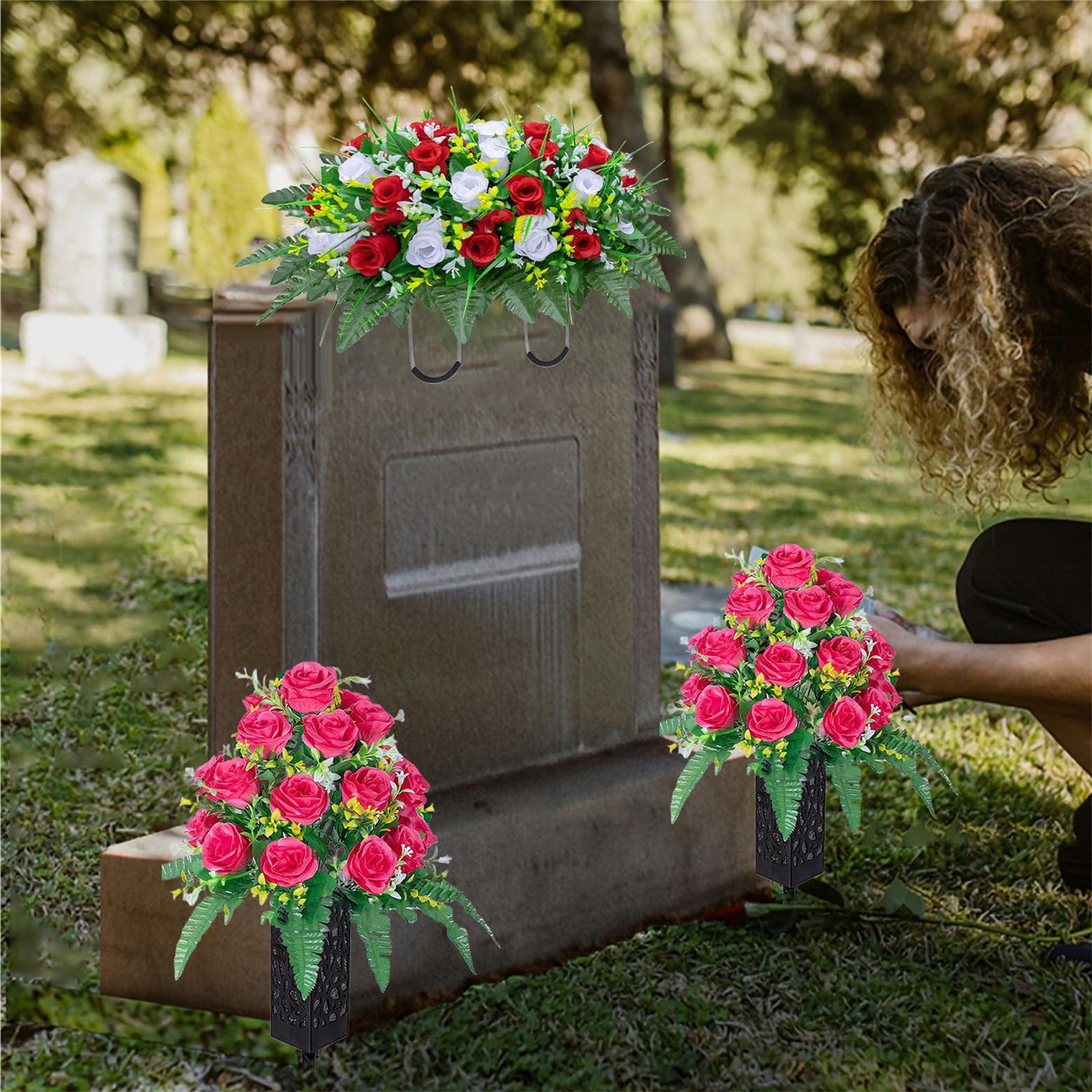 Artificial Cemetery Rose Bouquet with Long Nail Vase Stand, 19.6" Tall Fade-Proof Memorial Flowers, Faux Cloth Roses with Foam Insert, Sturdy Spike for Cemetery & Gravesite Use, By Harlik