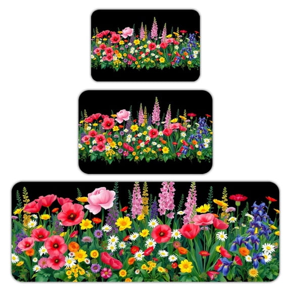RKSupls Kitchen Rug Set 3 Piece Anti-Slip Flannel Floor Mats, Wildflower Black Background Washable Absorbent Runner Mats for Kitchen Bathroom Home Decor
