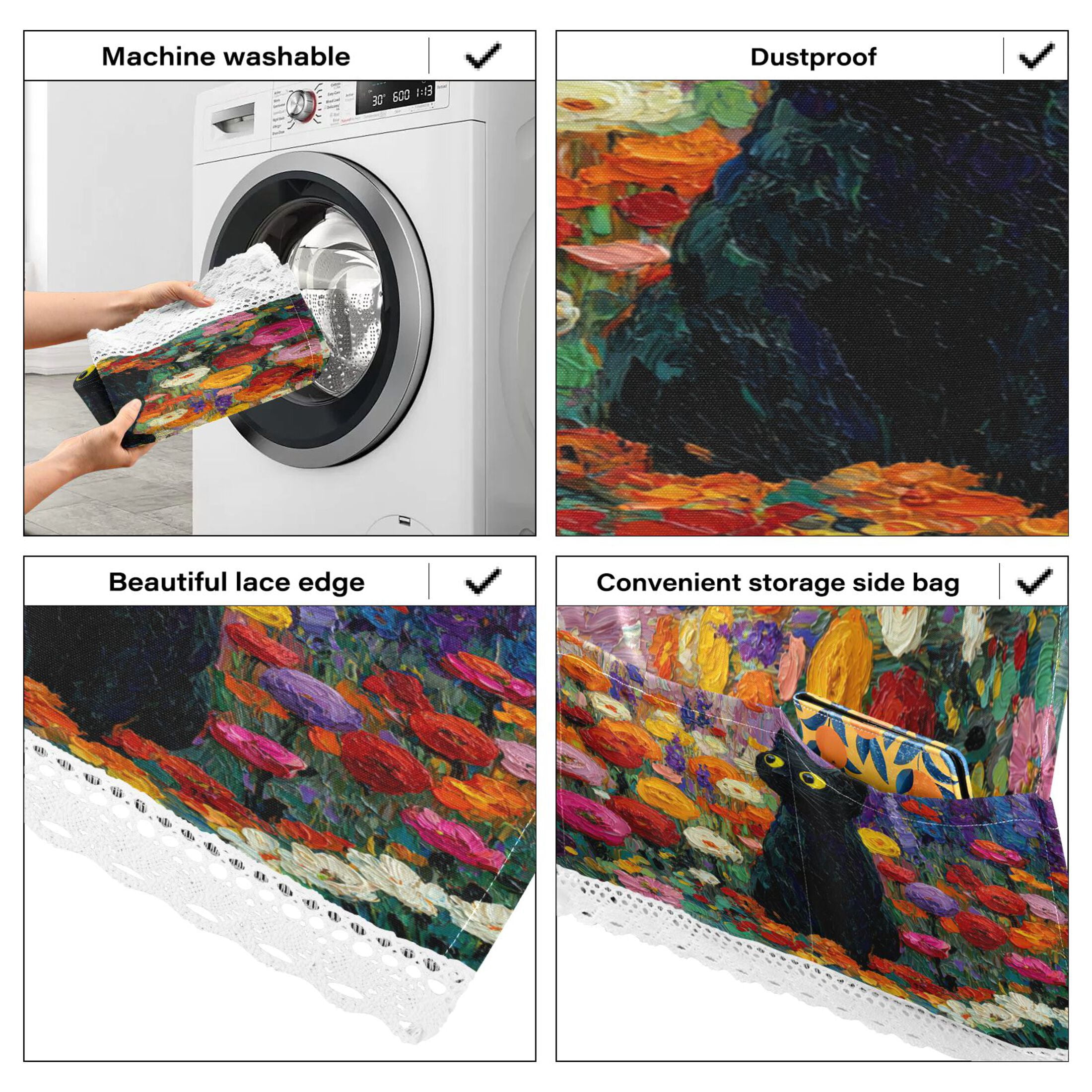 Wobogo Black Cat Rainbow Flower Washing Machine Cover Dustproof Washer Dryer Cover Waterproof Laundry Room Decorative Protector