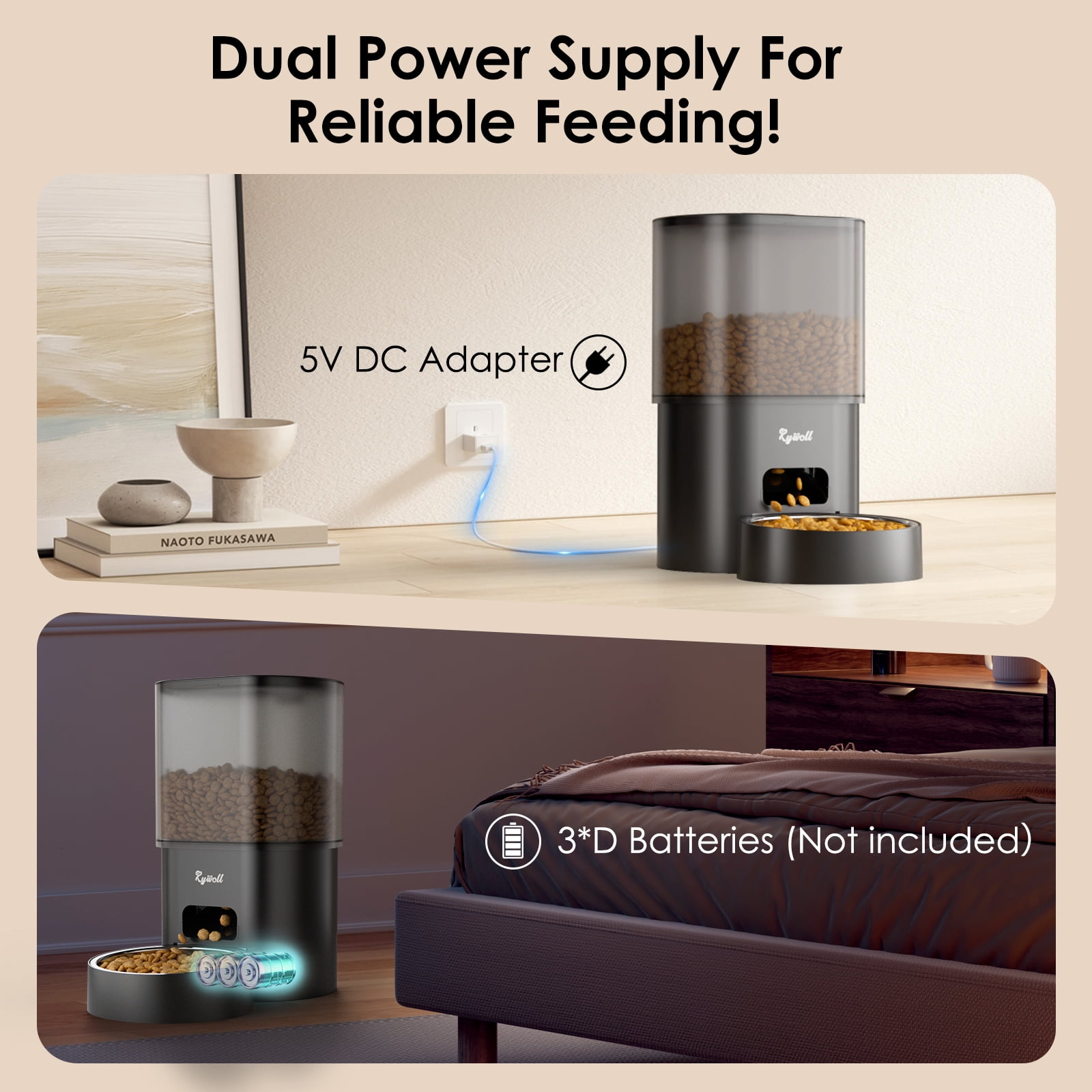 Rywell Automatic Cat Feeder with Water Dispenser, 2-in-1 Feeding Set with Feeding Schedule & Voice Recorder, Dual Power Supply, Auto Cat Food Dispenser for Cat