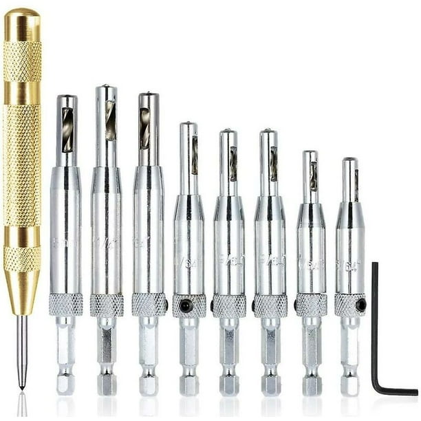Juegos de 8 brocas centrales con punzón central automático, perforadora de orificios para bisagras autocentrante, herramientas para trabajar la madera para puertas de muebles de 1/4''