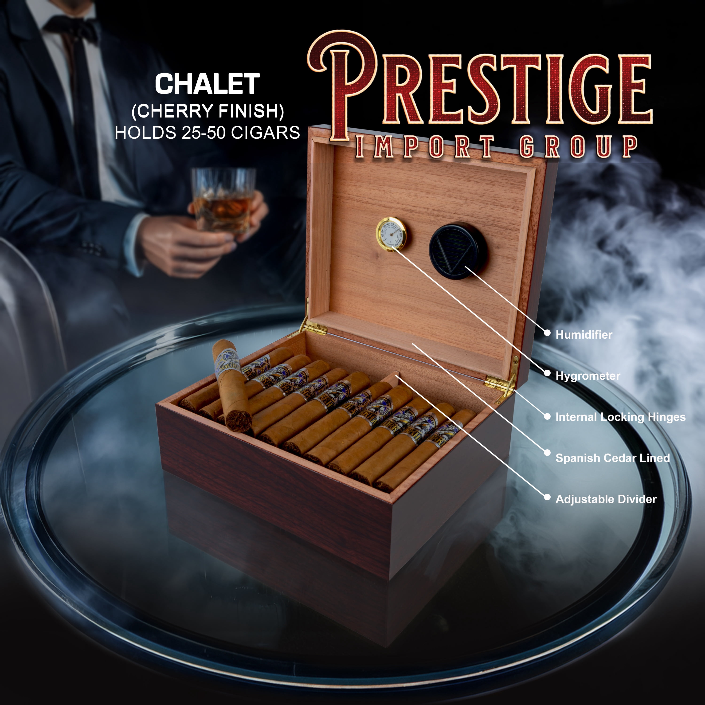 Chalet Cigar Humidor - Cherry Finish - Capacity: 25 to 50