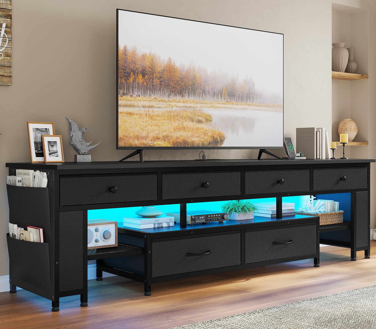 LED TV Stand with 6 Drawers & 4 Side Storage Bags & Shelves,for 65/70/75 Inch TV, 63Inch Console Table,Entertainment Center with Led Light and Power Outlets,Black