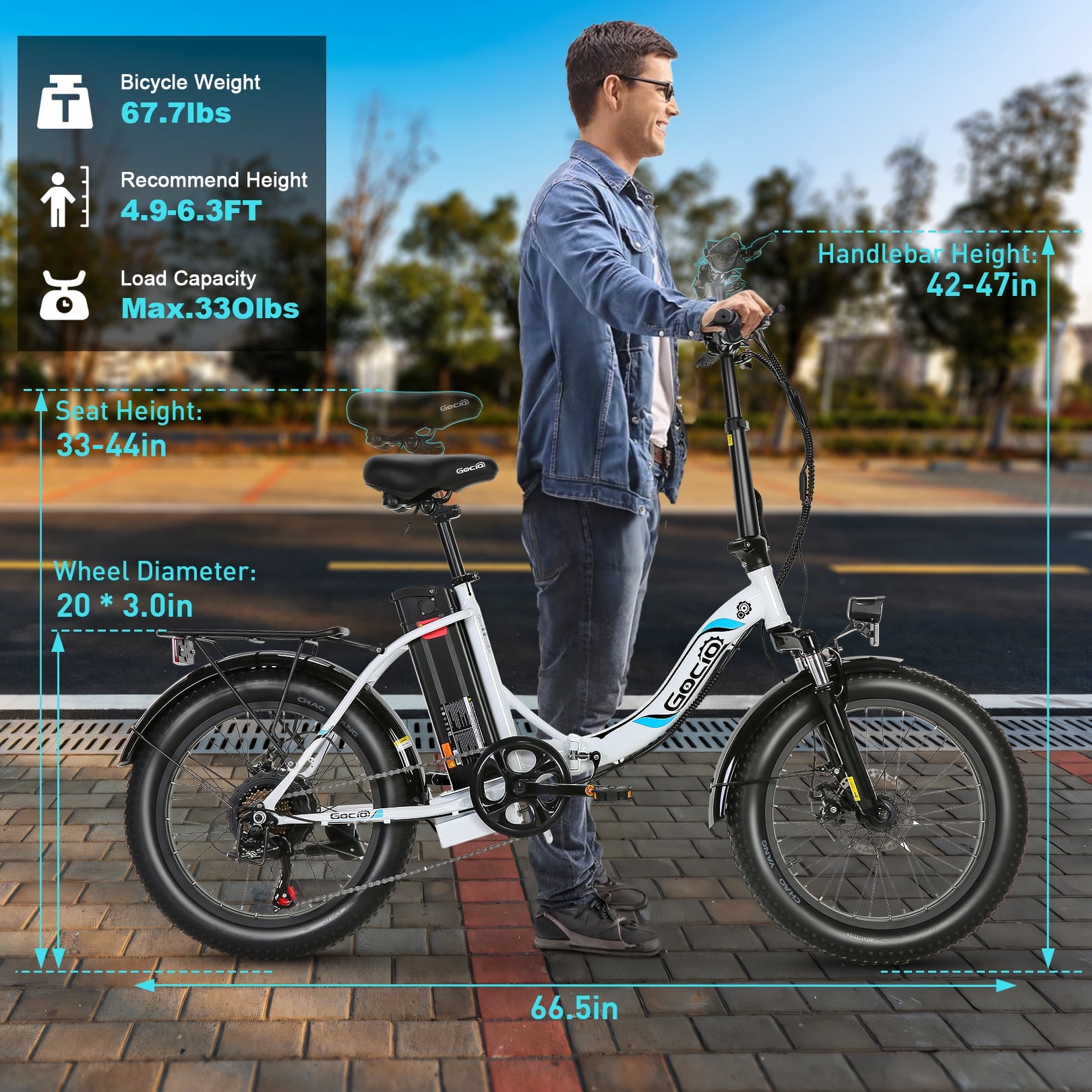 Gocio 20" Folding Electric Bike for Adults, 750W Peak Motor Fat Tire Commuter Ebike, 48V 10.4Ah Battery, 7 Speed, UL2849