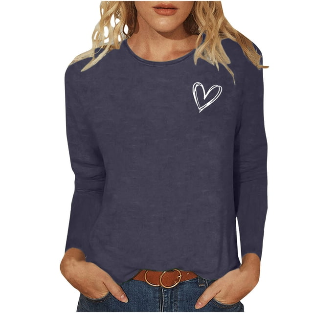 Besolor T-Shirts de la Saint-Valentin pour Femmes Imprimé Cœur Col Rond Manches Longues Tunique Décontractée Blouse Tee