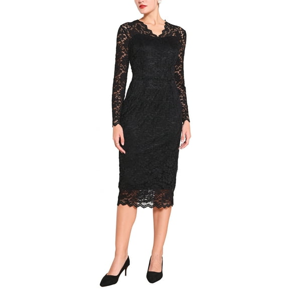 INSPIRE CHIC Mother's Day Women's Dress V Neck Floral Lace Sheer Long Sleeve Midi Cocktail Dress S Black