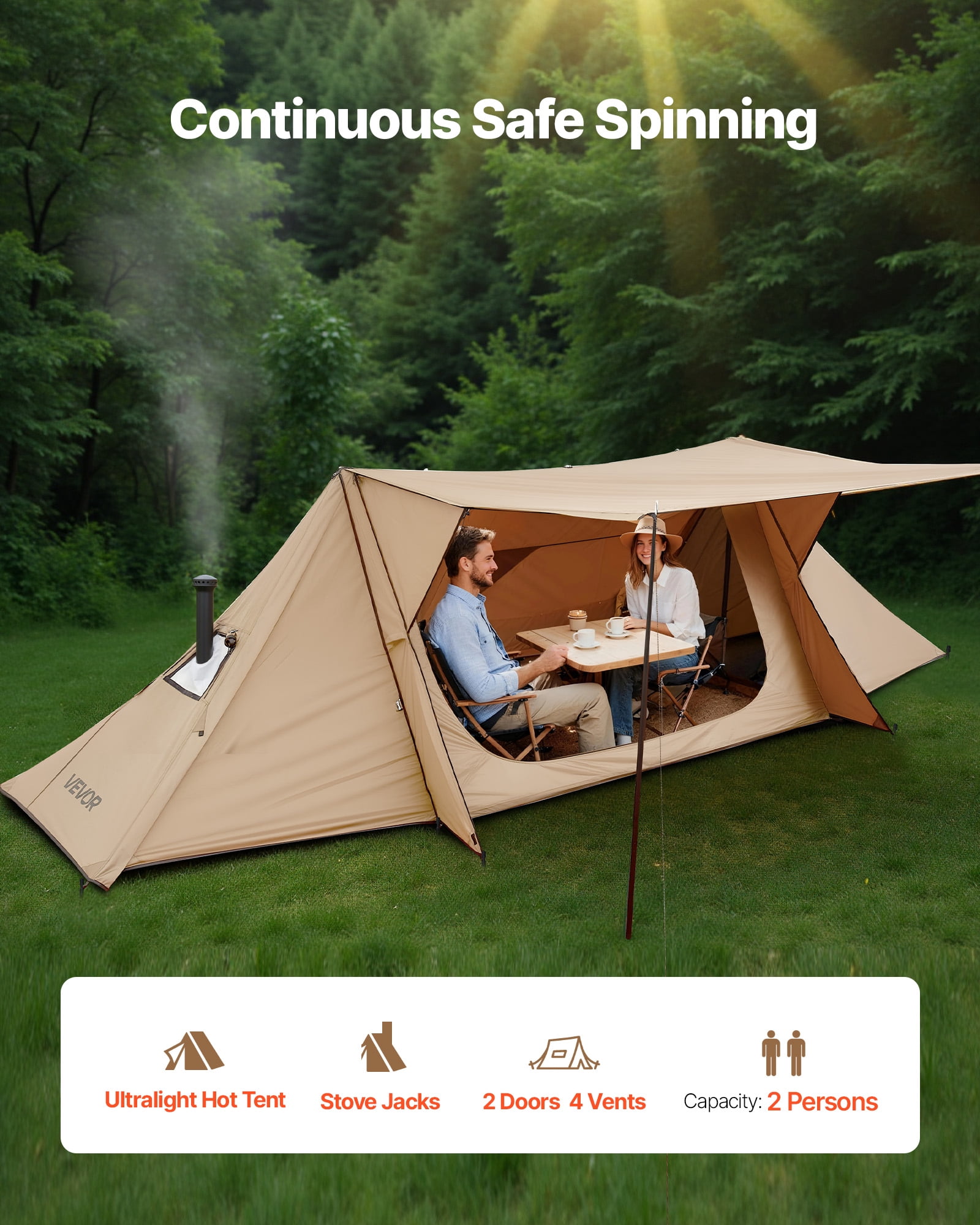VEVOR Camping Hot Tent, Lightweight Bushcraft Tent with Stove Jack & 2 Tarp Poles, Waterproof Winter Hot Tents Shelters, Portable 4 Season Tents for 2 Persons Hiking Fishing Hunting Backpacking