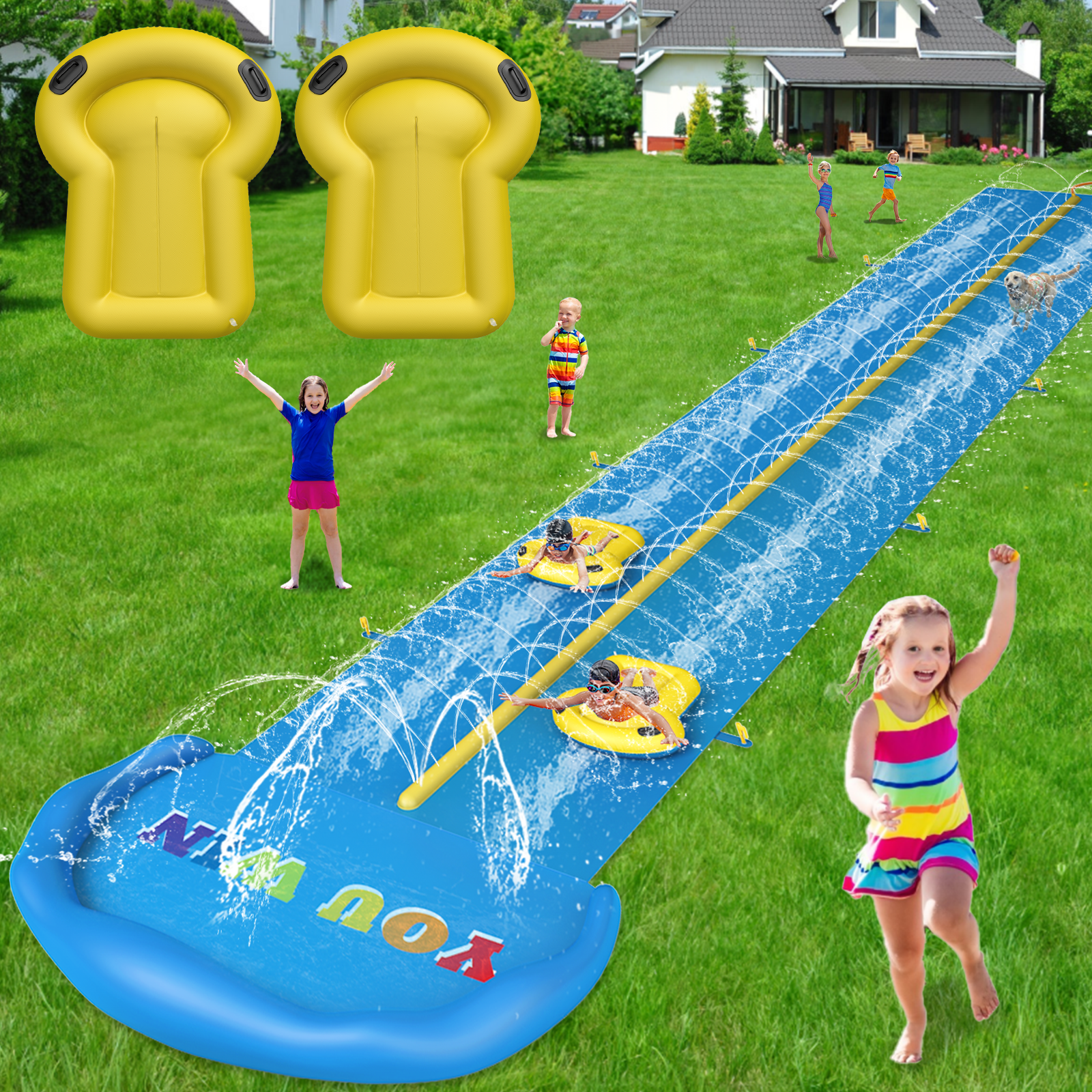 Lawn Water Slide 32.8 Ft Double Lane Water Slide with Automatic Sprinkler and Safety Padding