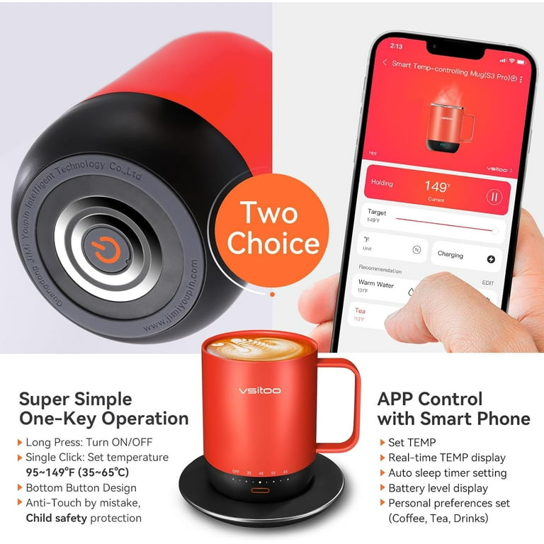 BUUO Temperature-Controlled Self-Heating Smart Coffee Tea Mug 14.5 Oz,  Double-Sided LED Real-time Temperature Display with Maximum 214Min Battery  Life