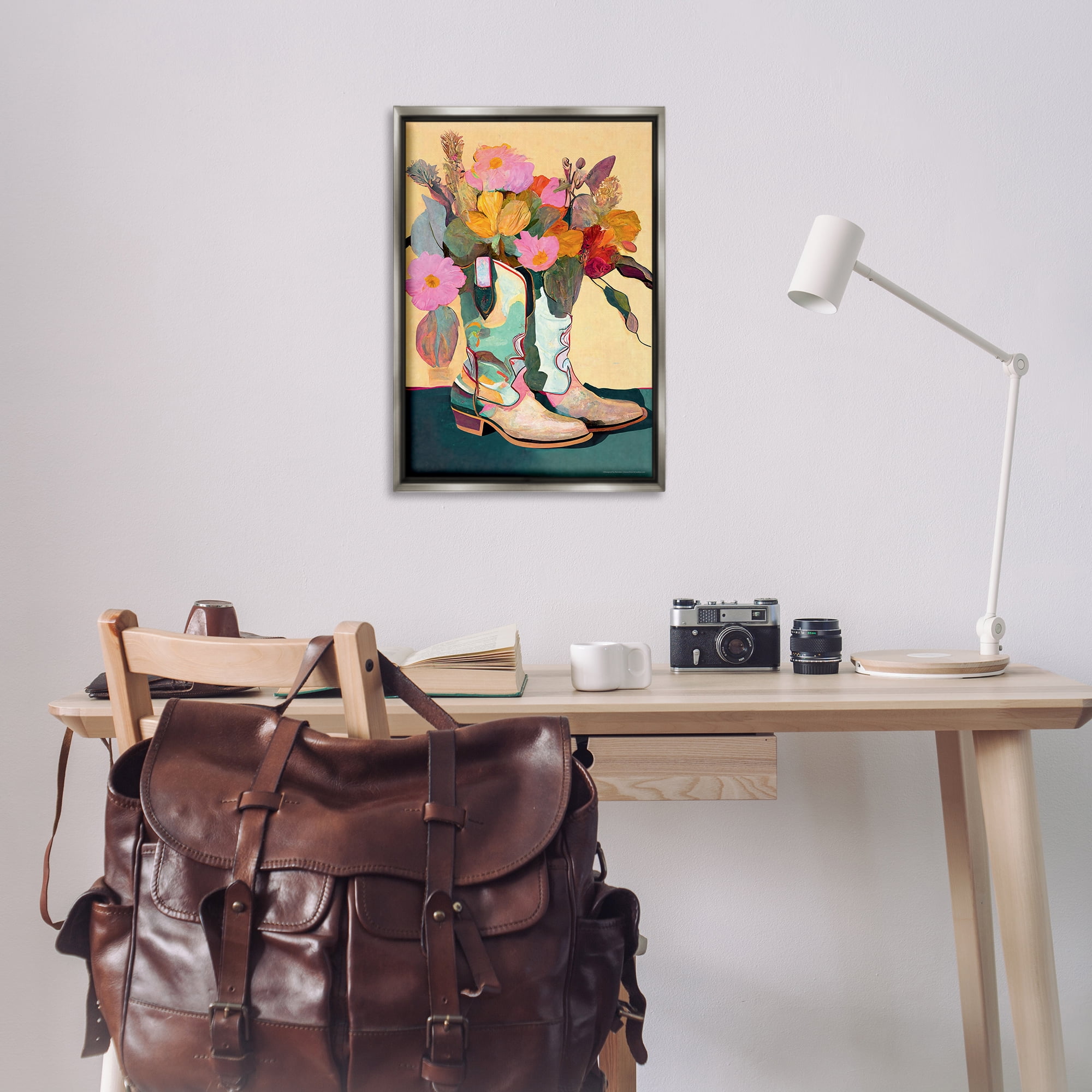 Stupell Industries Bright Cowgirl Florals Plants & Flowers Painting Gray Floater Framed Canvas Art Print Wall Art, 21 x 31