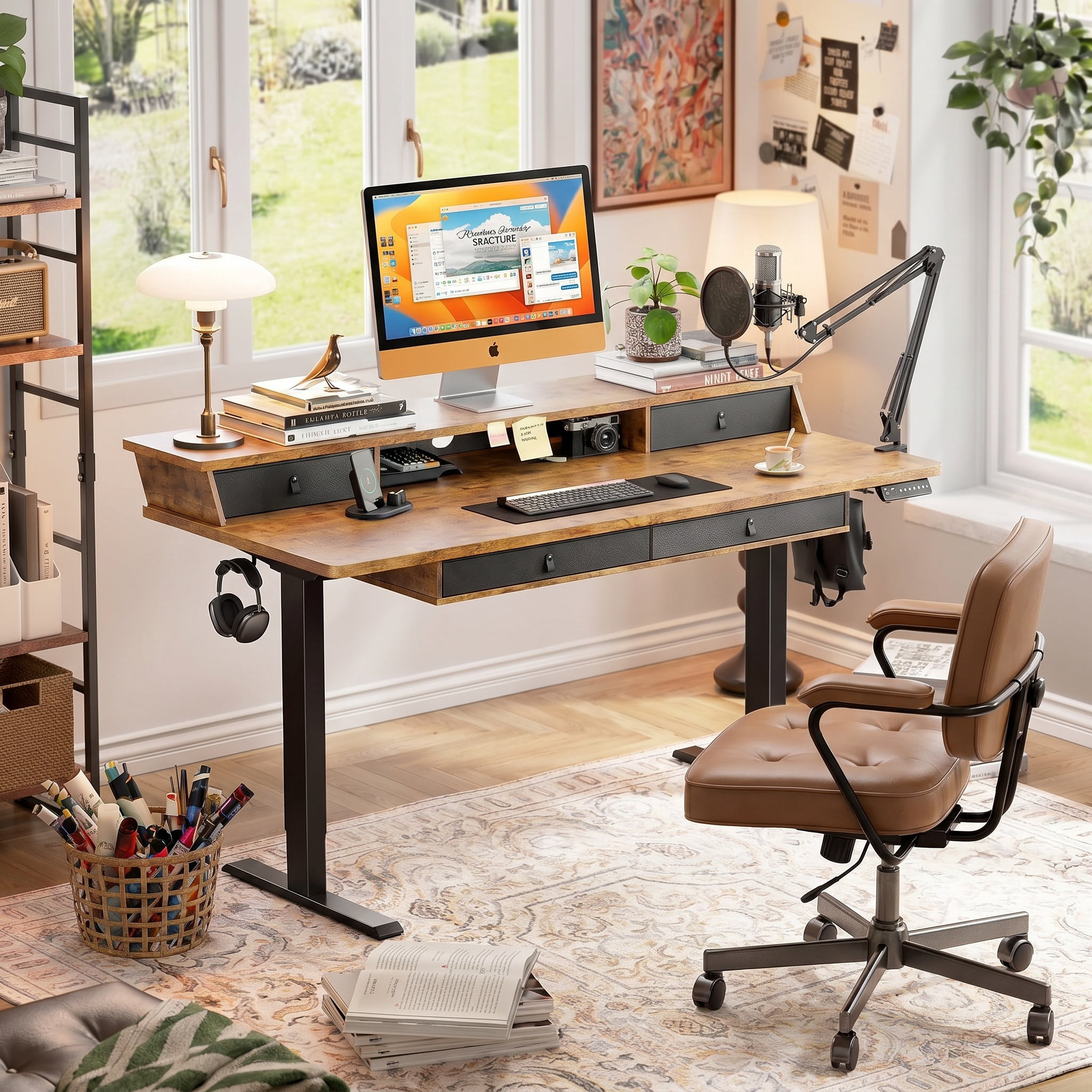 CHITOOMA 55″ x 30″ Standing Desk with Drawers, Electric Height Adjustable Sit Stand Desk with Storage Shelf, 4 Memory Preset Computer Desk with Cable Management Tray for Home Office, Brown