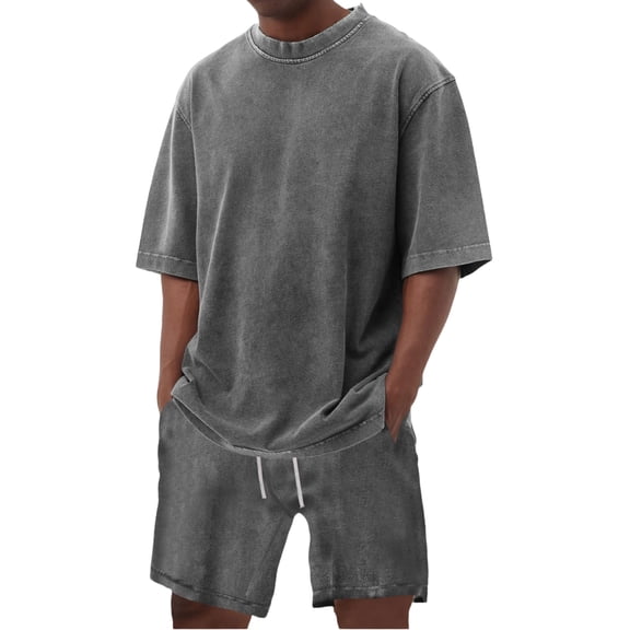 Zimjoy Men's Two Piece Summer Set Vintage Acid Wash Cotton Short Set Crew Neck Half Sleeve T-Shirts and Baggy Shorts Gray L
