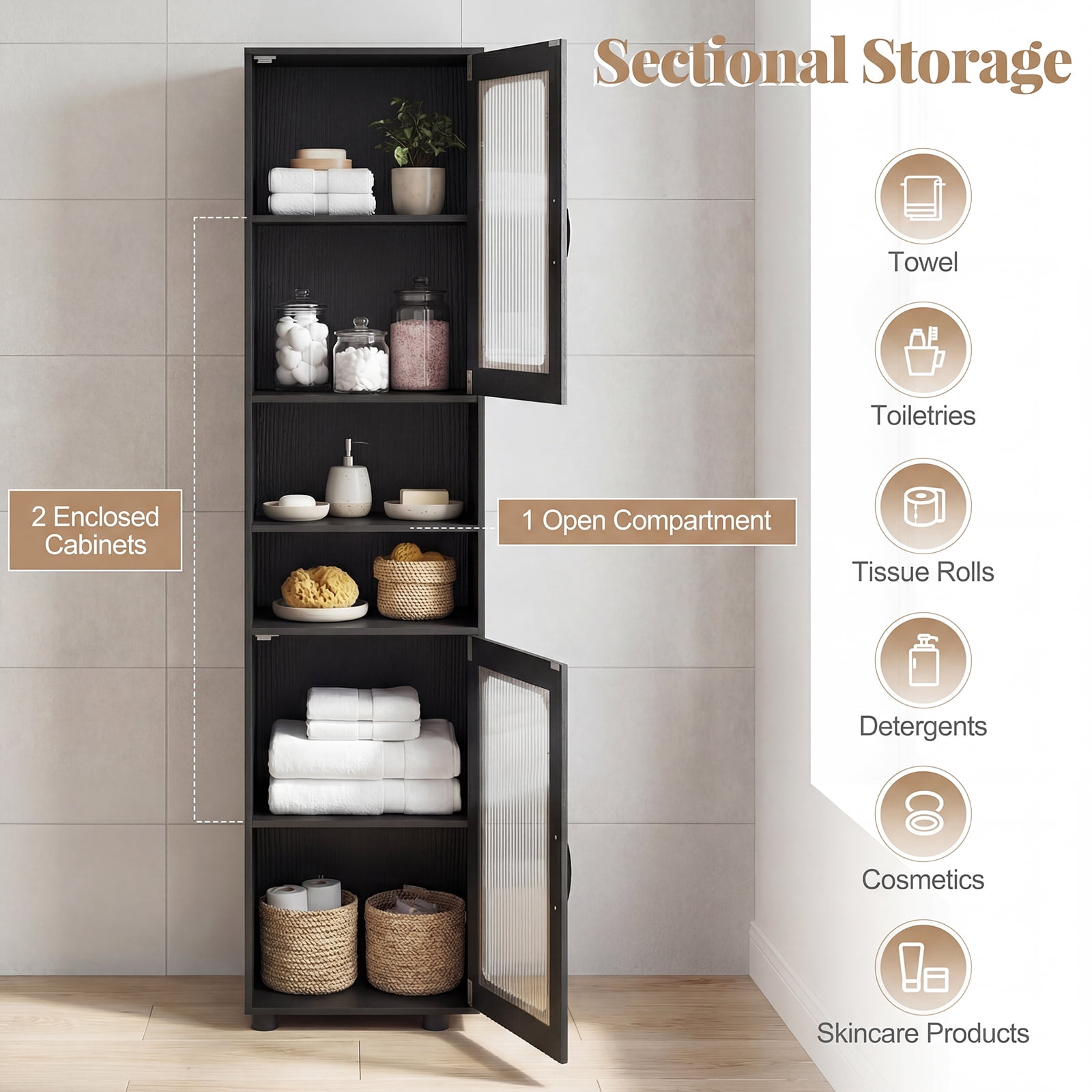 Giantex Tall Bathroom Storage Cabinet, Freestanding Storage Organizer w/Adjustable Shelf for Small Spaces, Black